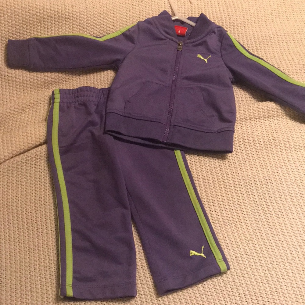 Puma purple and green stripe track suit